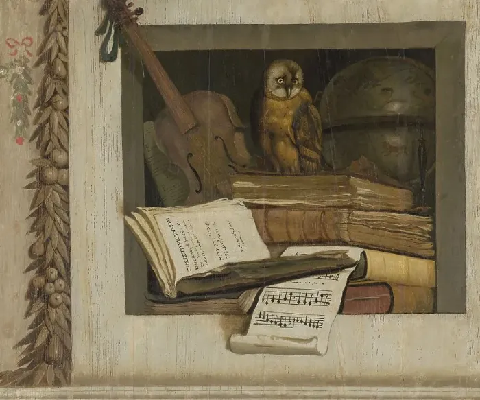 Framed Print : Still Life with Books, Sheet Music, Violin, Celestial Globe and an Owl, 1645-1650. Creator: Jacob van Campen Framed Print : Still Life with Books, Sheet Music, Violin, Celestial Globe and an Owl, 1645-1650. Creator: Jacob van Campen