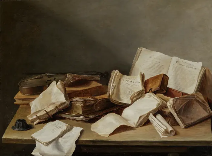 Framed Print : Still Life with Books and a Violin, 1628. Creator: Jan Davidsz de Heem Framed Print : Still Life with Books and a Violin, 1628. Creator: Jan Davidsz de Heem