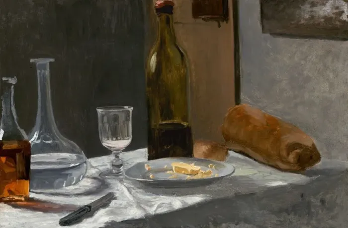 Framed Print : Still Life with Bottle, Carafe, Bread, and Wine, c. 1862 / 1863. Creator: Claude Monet Framed Print : Still Life with Bottle, Carafe, Bread, and Wine, c. 1862 / 1863. Creator: Claude Monet