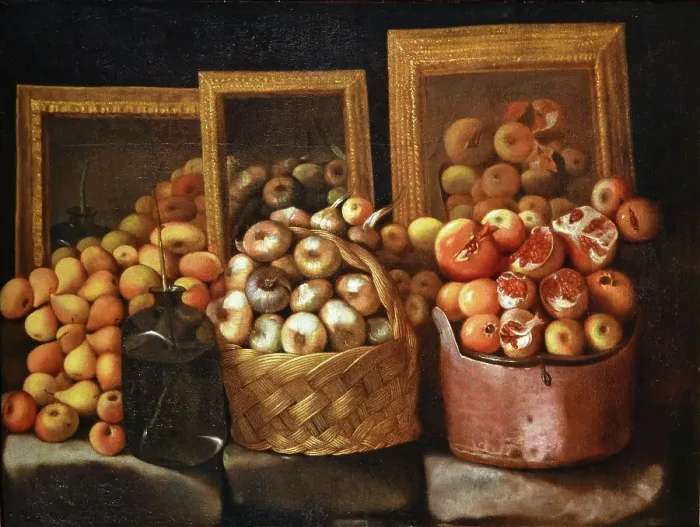 Framed Print : Still life with bottle, fruit, vegetables and three mirrors, First Half of 17th cen.. Creator: Barbieri; Paolo Antonio (1603-1649) Framed Print : Still life with bottle, fruit, vegetables and three mirrors, First Half of 17th cen.. Creator: Barbieri; Paolo Antonio (1603-1649)