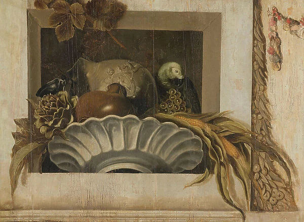 Still Life with a Bowl of Corn, Artichokes, Grapes and a Parrot, 1645-1650. Creator: Jacob van Campen