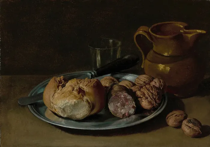 Framed Print : Still Life with Bread, Salami, and Nuts, about 1750-1760. Creator: Giacomo Ceruti Framed Print : Still Life with Bread, Salami, and Nuts, about 1750-1760. Creator: Giacomo Ceruti