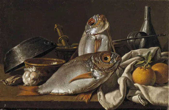 Framed Print : Still Life With Bream, Oranges, Garlic and Kitchen Utensils, 1772. Artist: Melendez, Luis Egidio (1716-1780) Framed Print : Still Life With Bream, Oranges, Garlic and Kitchen Utensils, 1772. Artist: Melendez, Luis Egidio (1716-1780)