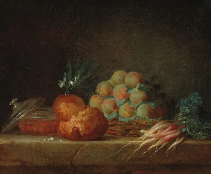Framed Print : Still Life with Brioche, Fruit and Vegetables, 1775. Creator: Anne Vallayer-Coster Framed Print : Still Life with Brioche, Fruit and Vegetables, 1775. Creator: Anne Vallayer-Coster