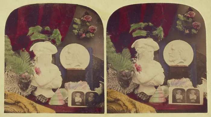 Framed Print : Still life of a bust, stereograph, flowers, and a medallion of Giuseppe (?), about 1860. Creator: Unknown Framed Print : Still life of a bust, stereograph, flowers, and a medallion of Giuseppe (?), about 1860. Creator: Unknown