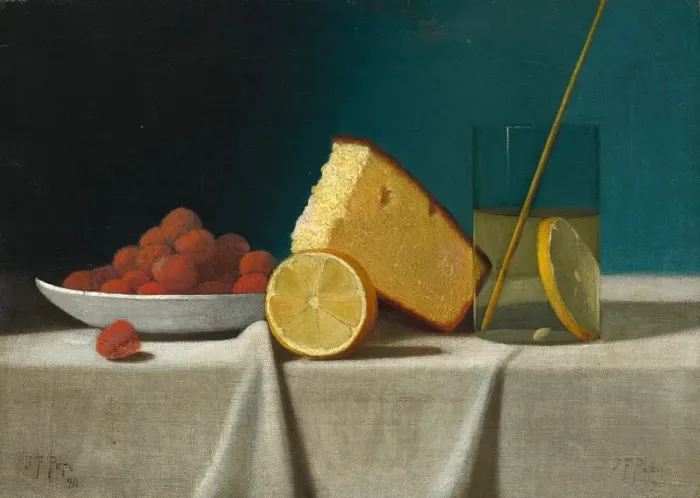 Framed Print : Still Life with Cake, Lemon, Strawberries, and Glass, 1890. Creator: John Frederick Peto