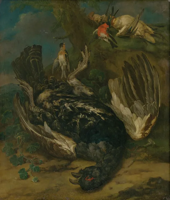 Framed Print : Still life with a capercaillie, 1720-1730. Creator: Johann Georg de Hamilton Framed Print : Still life with a capercaillie, 1720-1730. Creator: Johann Georg de Hamilton