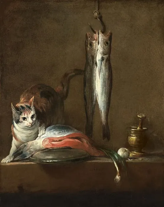 Framed Print : Still Life With Cat and Fish, 1728. Creator: Jean-Simeon Chardin Framed Print : Still Life With Cat and Fish, 1728. Creator: Jean-Simeon Chardin