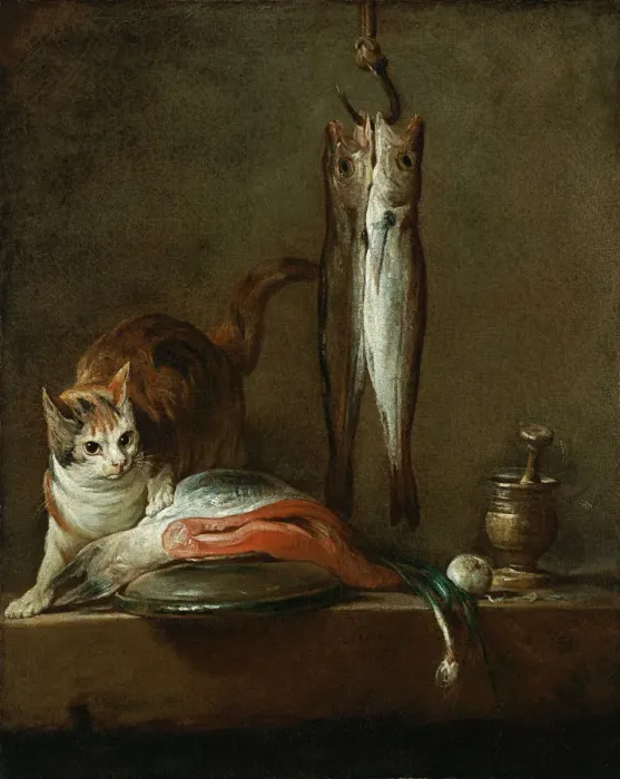 Framed Print : Still Life With Cat and Fish. Artist: Chardin, Jean-Baptiste Simeon (1699-1779) Framed Print : Still Life With Cat and Fish. Artist: Chardin, Jean-Baptiste Simeon (1699-1779)