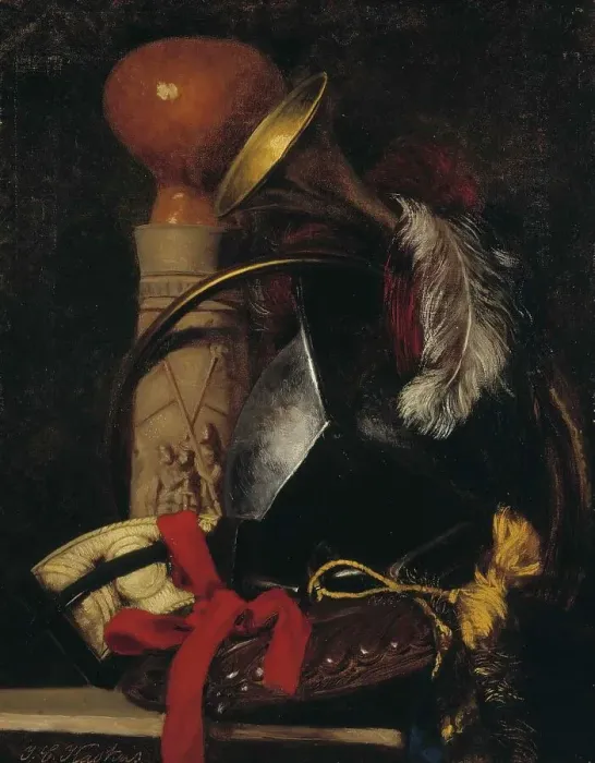 Framed Print : Still life with chalice, horn, feathers and belt, 1864. Creator: Ivar Kaskas Framed Print : Still life with chalice, horn, feathers and belt, 1864. Creator: Ivar Kaskas