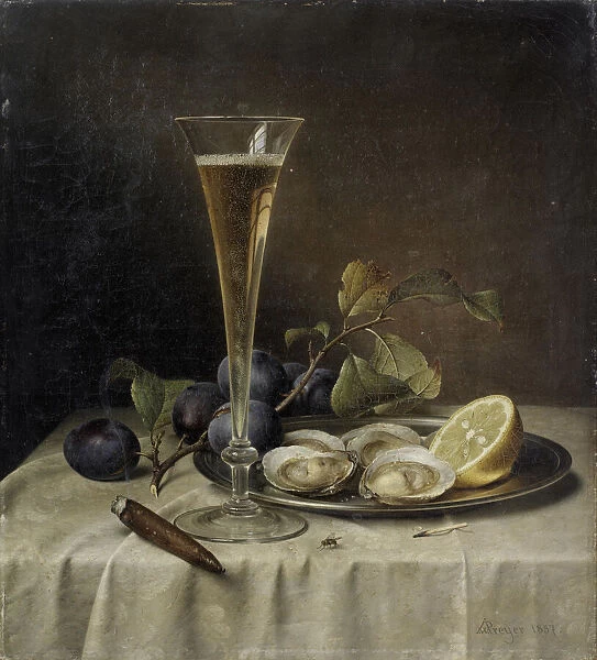 Still life with champagne and oysters , 1857. Creator: Preyer, Johann Wilhelm (1803-1889)