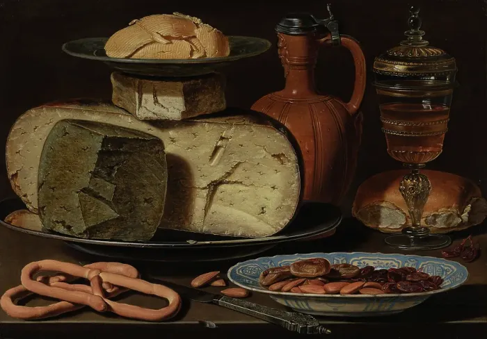 Framed Print : Still Life with Cheeses, Almonds and Pretzels, c1620-1650. Creator: Clara Peeters Framed Print : Still Life with Cheeses, Almonds and Pretzels, c1620-1650. Creator: Clara Peeters