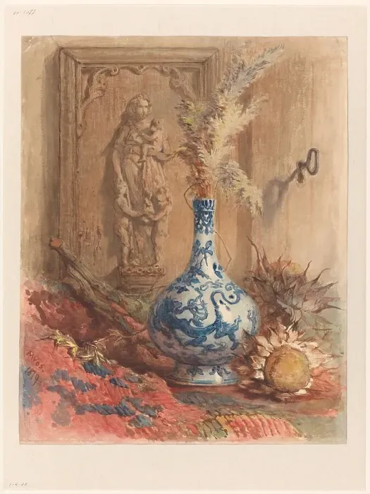 Framed Print : Still life with Chinese vase and dried sunflowers, 1879. Creator: Maria Vos Framed Print : Still life with Chinese vase and dried sunflowers, 1879. Creator: Maria Vos