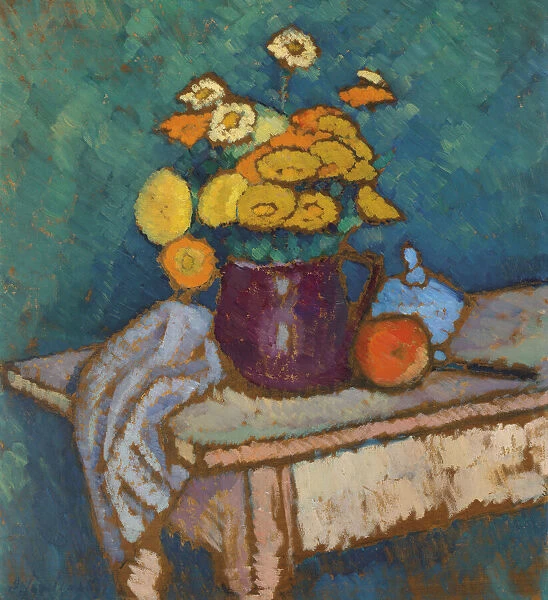Still life with cloth, flowers in jug and apple, 1909-1910