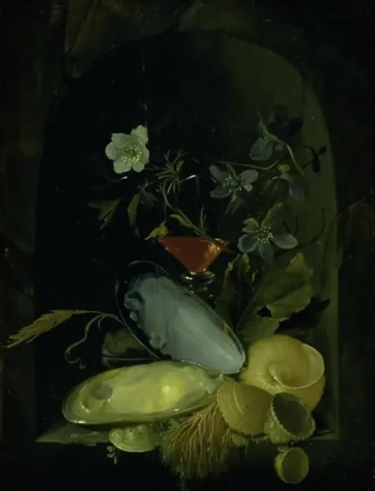 Framed Print : Still Life with Cockleshells and Blue Anemones, 1650-1681. Creator: Frans van Mieris Framed Print : Still Life with Cockleshells and Blue Anemones, 1650-1681. Creator: Frans van Mieris