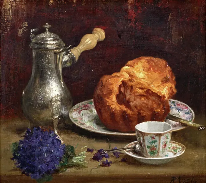 Framed Print : Still life with coffee pot, brioche, porcelain and bouquet of violets. Creator: Huas; Pierre Adolphe (1838-1900) Framed Print : Still life with coffee pot, brioche, porcelain and bouquet of violets. Creator: Huas; Pierre Adolphe (1838-1900)