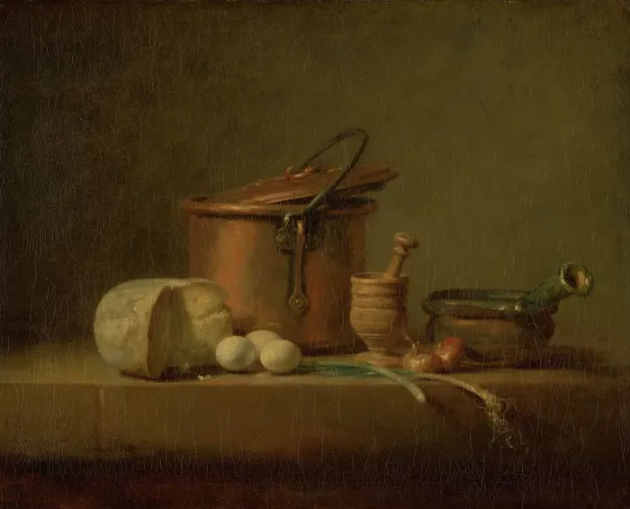 Framed Print : Still Life with Copper Pot, Cheese and Eggs, c1730-1735. Creator: Jean-Simeon Chardin Framed Print : Still Life with Copper Pot, Cheese and Eggs, c1730-1735. Creator: Jean-Simeon Chardin