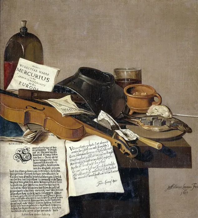 Framed Print : Still Life with a Copy of De Waere Mercurius, a Broadsheet with the News of Tromp's Victory... 1655 Creator: Anthonie Leemans Framed Print : Still Life with a Copy of De Waere Mercurius, a Broadsheet with the News of Tromp's Victory... 1655 Creator: Anthonie Leemans