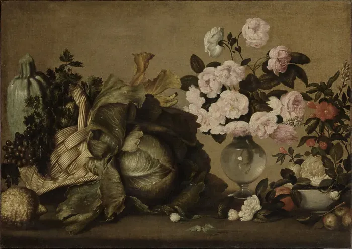 Framed Print : Still life with courgettes, grapes, parsley, cabbage, vase of peonies and fruit, c1630-1634. Creator: Strozzi; Bernardo (1581-1644) Framed Print : Still life with courgettes, grapes, parsley, cabbage, vase of peonies and fruit, c1630-1634. Creator: Strozzi; Bernardo (1581-1644)
