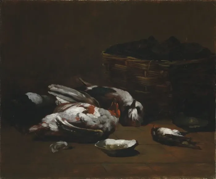 Framed Print : Still Life with Dead Birds and a Basket of Oysters, c. 1860 - 1880. Creator: Germain Ribot (French Framed Print : Still Life with Dead Birds and a Basket of Oysters, c. 1860 - 1880. Creator: Germain Ribot (French