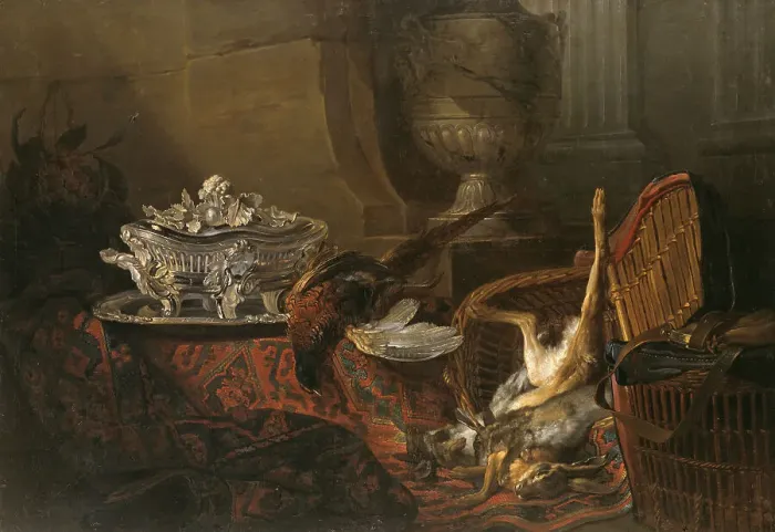 Framed Print : Still Life with Dead Game and a Silver Tureen on a Turkish Carpet, 1738. Creator: Jean-Baptiste Oudry Framed Print : Still Life with Dead Game and a Silver Tureen on a Turkish Carpet, 1738. Creator: Jean-Baptiste Oudry