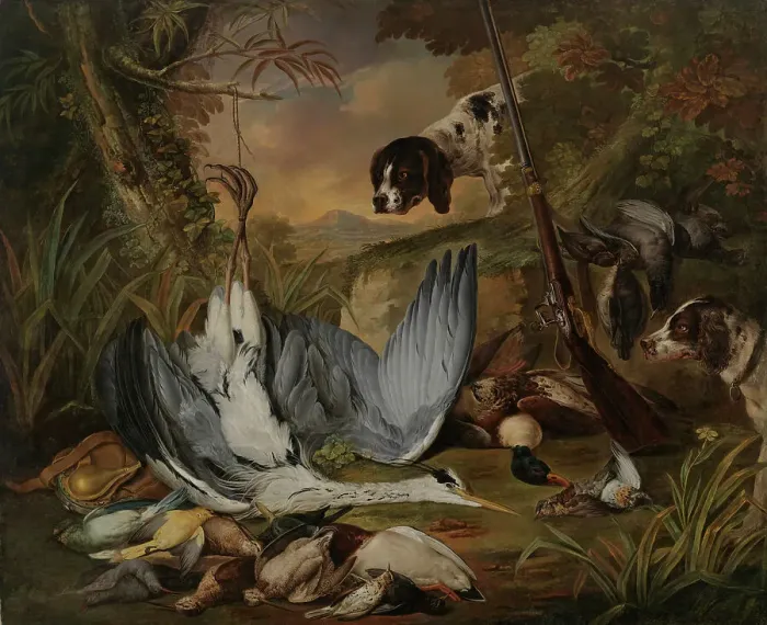 Framed Print : Still life with dogs, c1740-1770. Creator: Jacob Xaver Vermoelen Framed Print : Still life with dogs, c1740-1770. Creator: Jacob Xaver Vermoelen