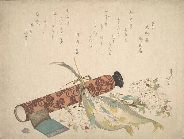 Still Life: Double Cherry-Blossom Branch, Telescope, Sweet Fish, and Tissue Case, c
