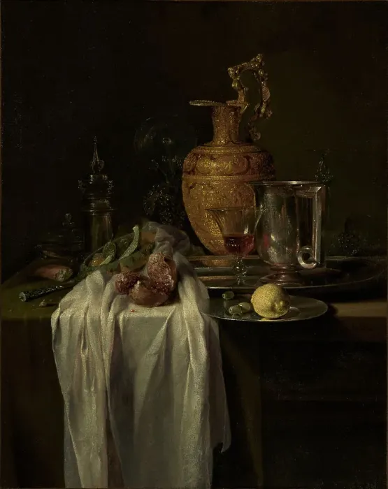 Framed Print : Still Life with Ewer, Vessels, and Pomegranate, mid-1640s. Creator: Willem Kalf Framed Print : Still Life with Ewer, Vessels, and Pomegranate, mid-1640s. Creator: Willem Kalf