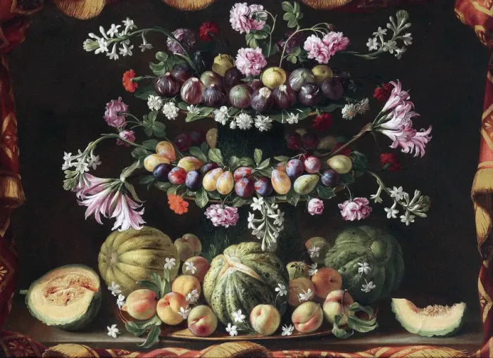 Framed Print : Still life with figs, plums, peaches and melons Framed Print : Still life with figs, plums, peaches and melons