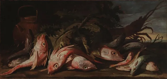 Framed Print : Still life with fish, 1654-1695. Creator: Giuseppe Recco Framed Print : Still life with fish, 1654-1695. Creator: Giuseppe Recco