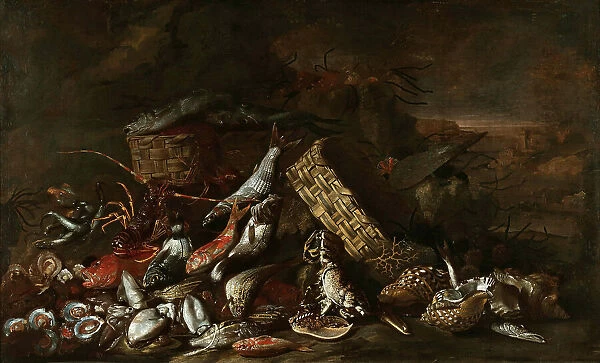 Still Life with Fish, ca 1675. Creator: Ruoppolo, Giovan Battista (1629-1693)