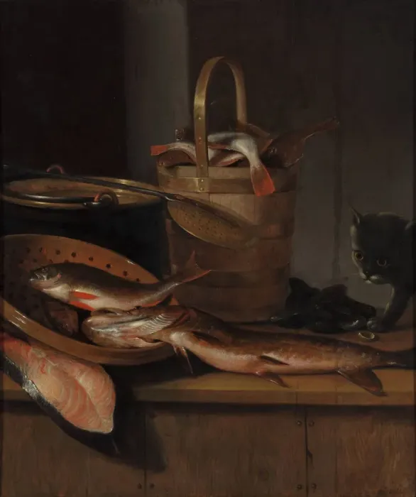 Framed Print : Still life with fish and a cat, c. 1650-1660. Artist: Vaillant, Wallerant (1623-1677) Framed Print : Still life with fish and a cat, c. 1650-1660. Artist: Vaillant, Wallerant (1623-1677)