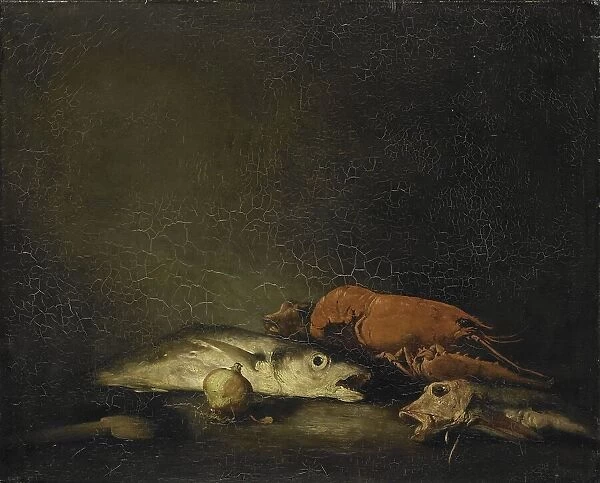 Still life with fish and a lobster, 1850-1891. Creator: Theodule Ribot