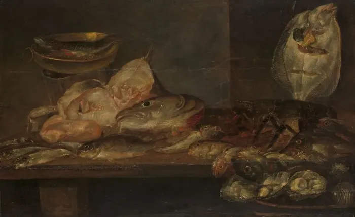 Framed Print : Still Life with Fish and a Lobster and Oysters on a Table nearby, 1660. Creator: Alexander Adriaenssen Framed Print : Still Life with Fish and a Lobster and Oysters on a Table nearby, 1660. Creator: Alexander Adriaenssen