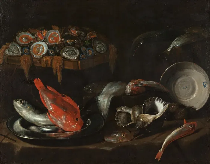 Framed Print : Still Life with Fish and Oysters, 1653. Creator: Giovanni Battista Recco Framed Print : Still Life with Fish and Oysters, 1653. Creator: Giovanni Battista Recco