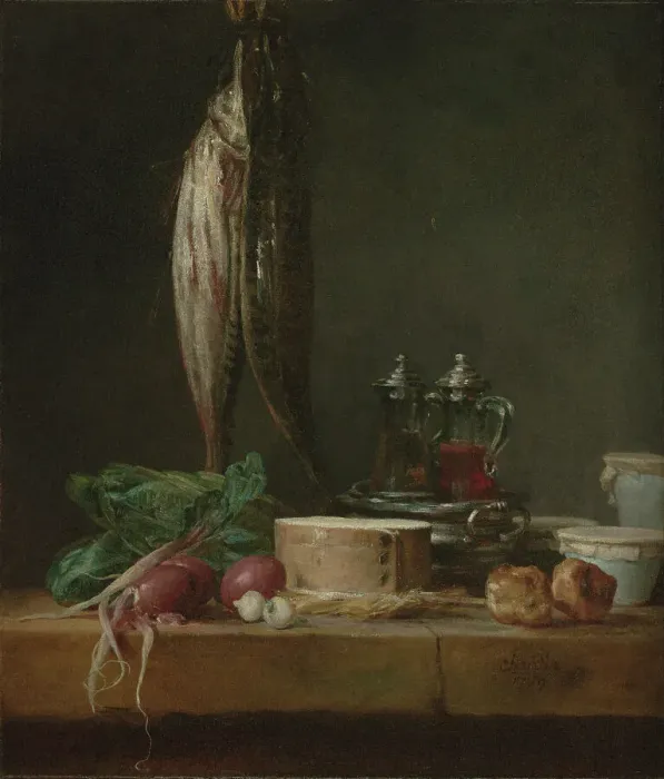 Framed Print : Still Life with Fish, Vegetables, Gougeres, Pots, and Cruets on a Table, 1769. Creator: Jean-Simeon Chardin Framed Print : Still Life with Fish, Vegetables, Gougeres, Pots, and Cruets on a Table, 1769. Creator: Jean-Simeon Chardin