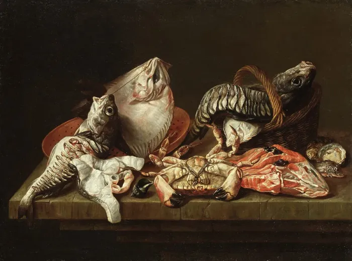 Framed Print : Still Life with Fishes, a Crab and Oysters. Creator: Isaac van Duynen Framed Print : Still Life with Fishes, a Crab and Oysters. Creator: Isaac van Duynen