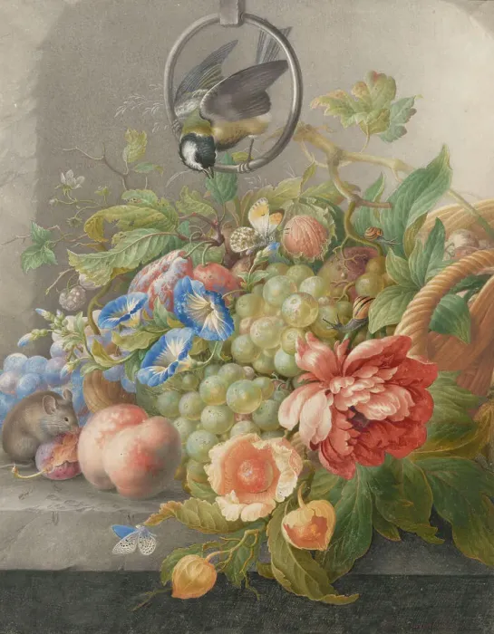Framed Print : Still Life with Flowers, Fruit, a Great Tit and a Mouse, c.1700-c.1710. Creator: Herman Henstenburgh Framed Print : Still Life with Flowers, Fruit, a Great Tit and a Mouse, c.1700-c.1710. Creator: Herman Henstenburgh