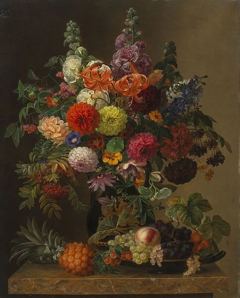 Still life with Flowers and fruits, 1836. Creator: Jensen, Johan Laurentz (1800-1856)