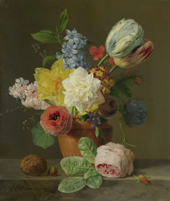 Framed Print : Still Life with Flowers and Nuts, c.1830. Creator: Anthony Oberman Framed Print : Still Life with Flowers and Nuts, c.1830. Creator: Anthony Oberman
