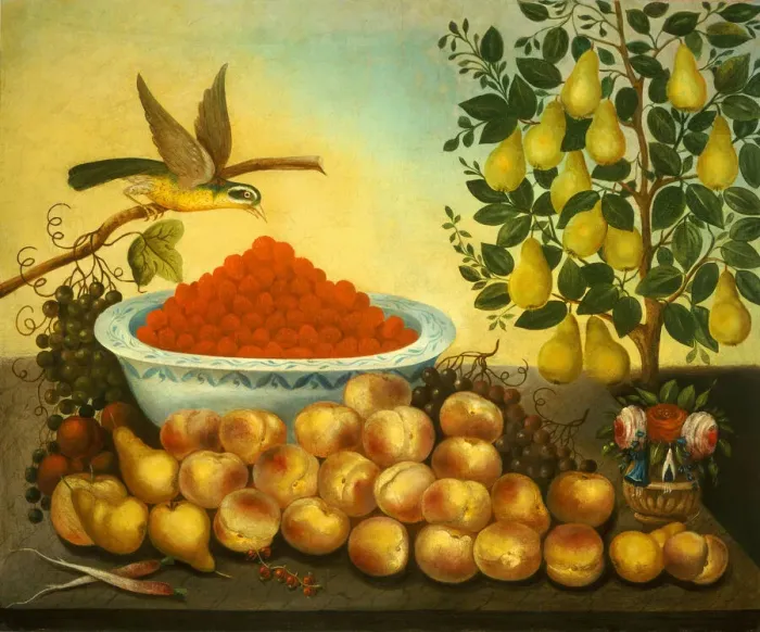 Framed Print : Still Life: Fruit, Bird, and Dwarf Pear Tree, 1856. Creator: Charles V. Bond Framed Print : Still Life: Fruit, Bird, and Dwarf Pear Tree, 1856. Creator: Charles V. Bond