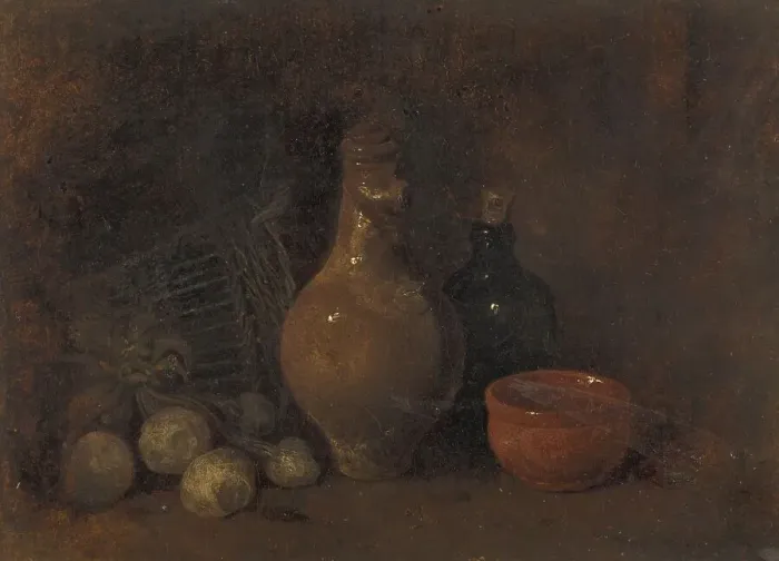 Framed Print : Still life with fruit, bottle and pottery, 1827-1887. Creator: Francois Bonvin Framed Print : Still life with fruit, bottle and pottery, 1827-1887. Creator: Francois Bonvin