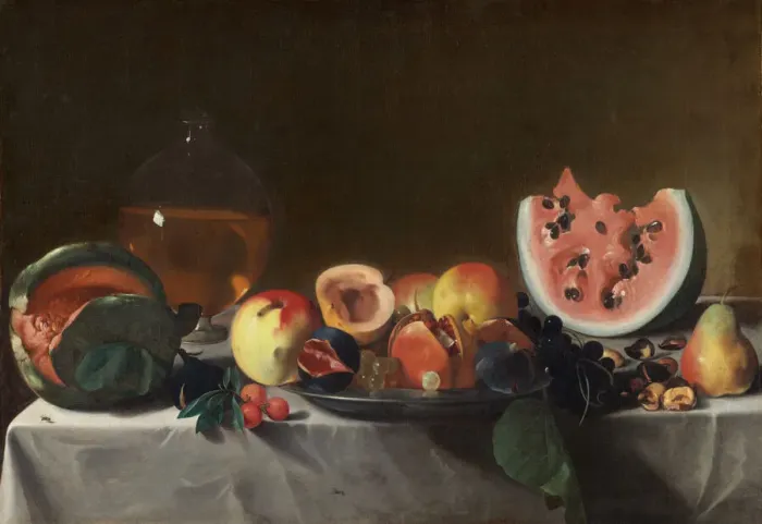 Framed Print : Still Life with Fruit and Carafe, c. 1610 / 1620. Creator: Pensionante del Saraceni Framed Print : Still Life with Fruit and Carafe, c. 1610 / 1620. Creator: Pensionante del Saraceni