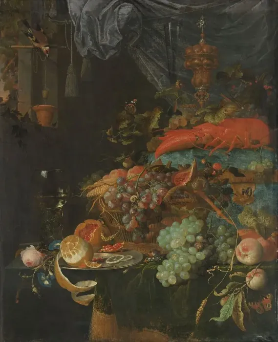 Framed Print : Still Life with Fruit and a Goldfinch, 1660-1679. Creator: Abraham Mignon Framed Print : Still Life with Fruit and a Goldfinch, 1660-1679. Creator: Abraham Mignon
