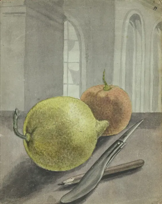 Framed Print : Still life with fruit, knife and pencil. 1779-1785. Creator: Jan Brandes Framed Print : Still life with fruit, knife and pencil. 1779-1785. Creator: Jan Brandes