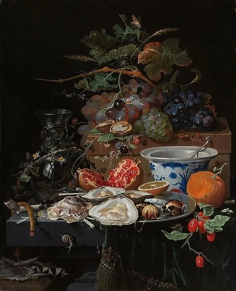 Still Life with Fruit, Oysters, and a Porcelain Bowl, 1660-1679. Creator: Abraham Mignon