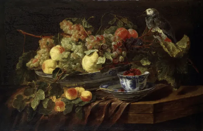 Framed Print : Still Life with Fruit and Parrot, 1645. Artist: Jan Fyt Framed Print : Still Life with Fruit and Parrot, 1645. Artist: Jan Fyt