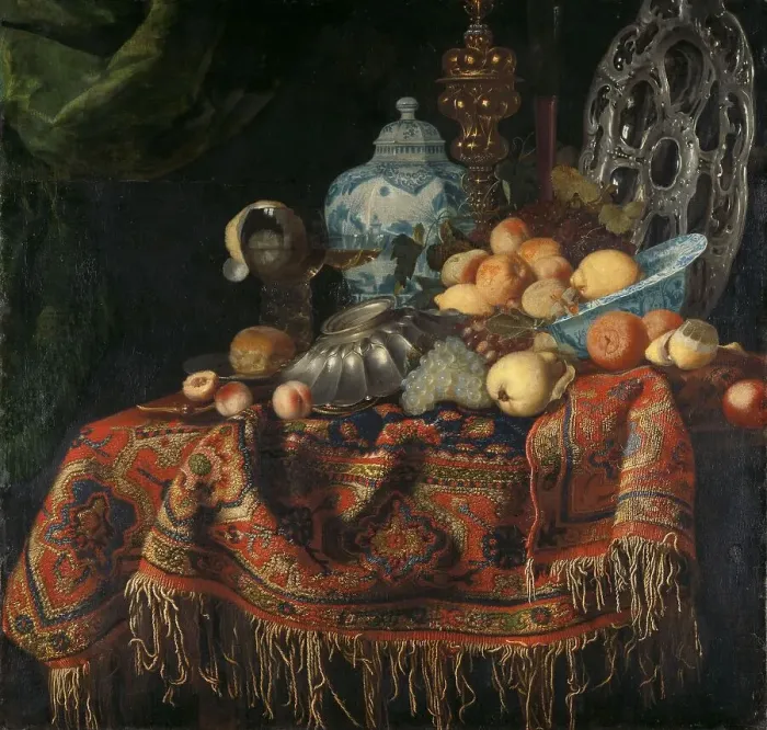 Framed Print : Still Life with Fruit, Plates and Dishes on a Turkish Carpet, 1650-1680. Creator: Simon Luttichuys Framed Print : Still Life with Fruit, Plates and Dishes on a Turkish Carpet, 1650-1680. Creator: Simon Luttichuys