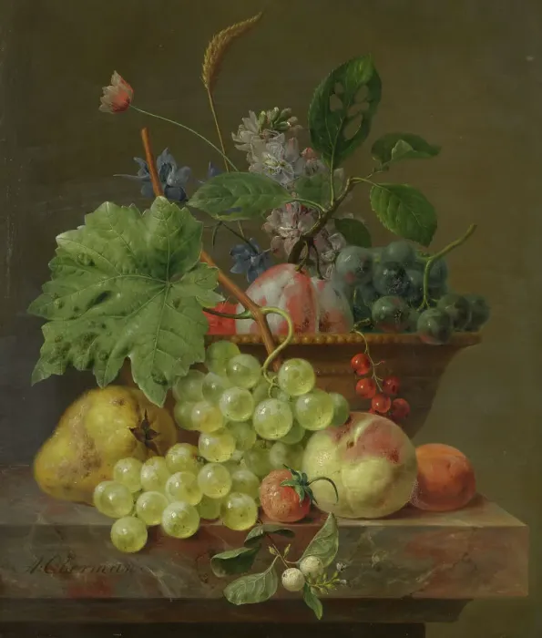 Framed Print : Still Life with Fruit in a Terracotta Dish, c.1830. Creator: Anthony Oberman Framed Print : Still Life with Fruit in a Terracotta Dish, c.1830. Creator: Anthony Oberman