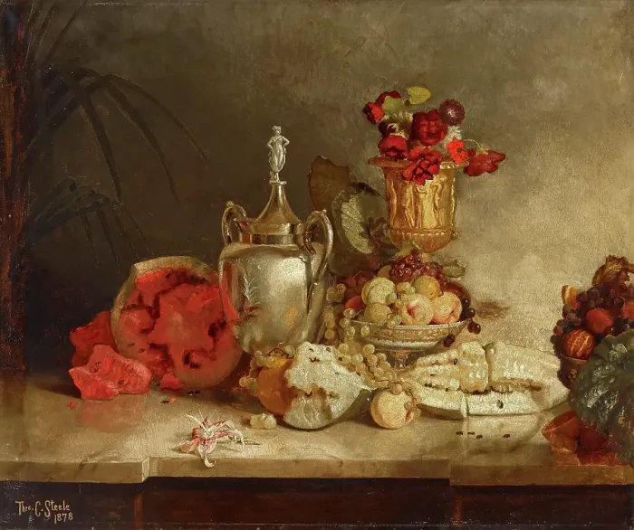 Framed Print : Still Life of Fruit and Urn, 1878. Creator: Theodore Clement Steele Framed Print : Still Life of Fruit and Urn, 1878. Creator: Theodore Clement Steele